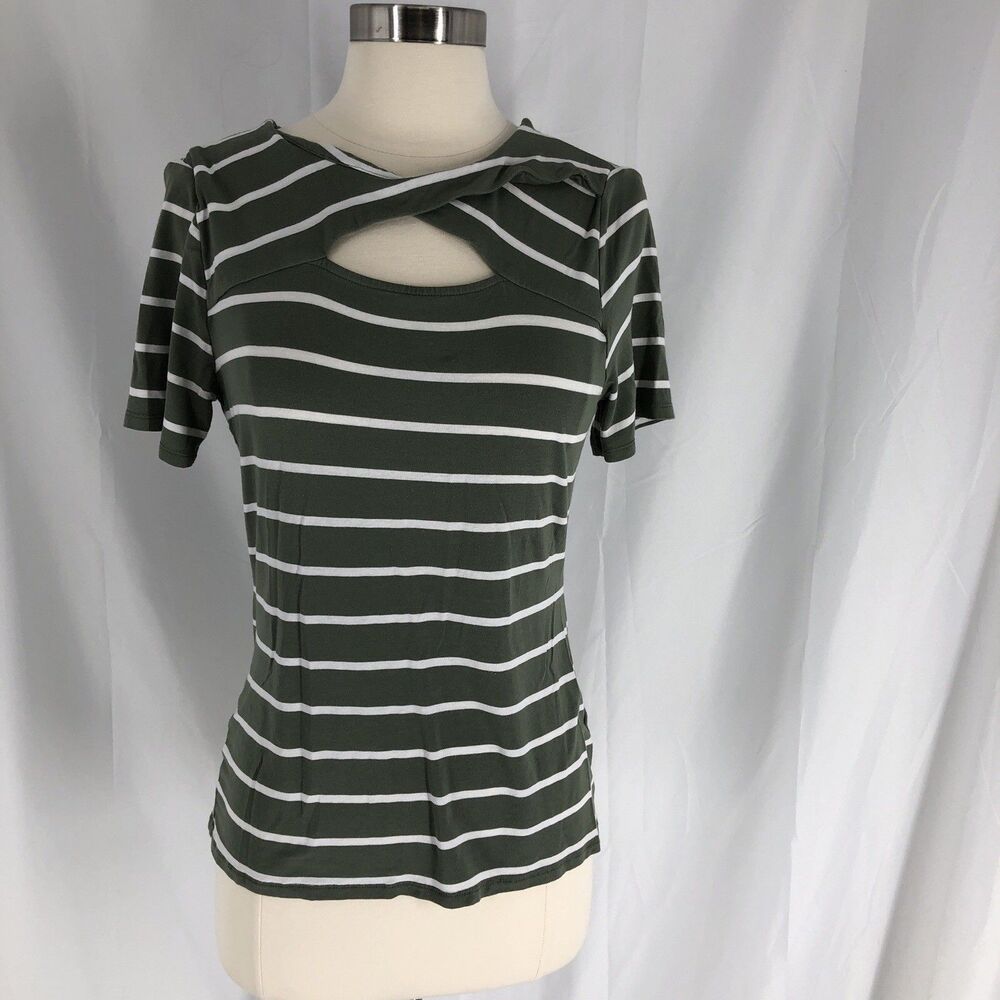 VINCE CAMUTO GREEN WHITE STRIPED TOP TEE SHORT SLEEVE STRETCH - S